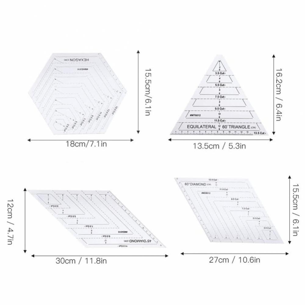 Kit réguas 4 peças transparente 60 graus hexagono